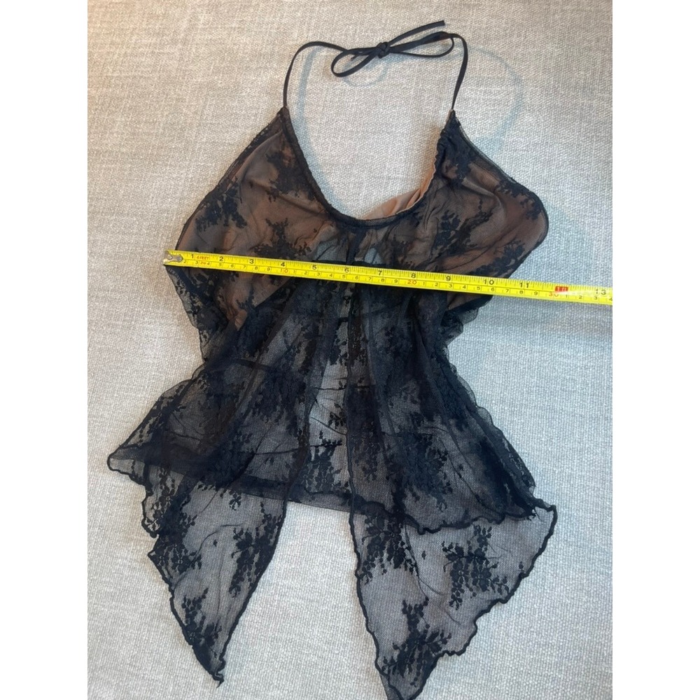 Black Floral Lace Sheer Halter Top Handkerchief Hem Nude Lining Tie Neck - Picture 3 of 5